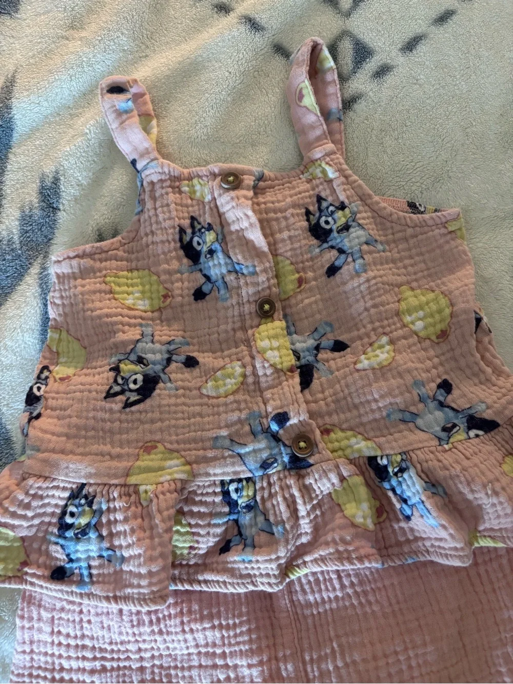 Pink Two-Piece Ruffled Tank & Shorts Set with lemons and Bluey